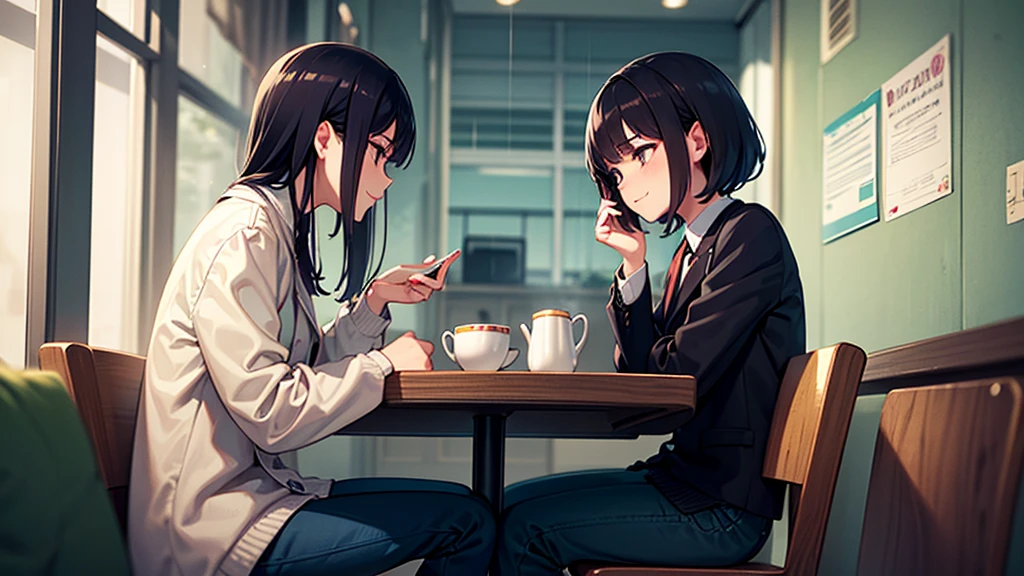 original photo, best quality), 1 girl, Shiba Miyuki, natural lighting, Upper body, cafes, Smile, Satosh Khan Art Style