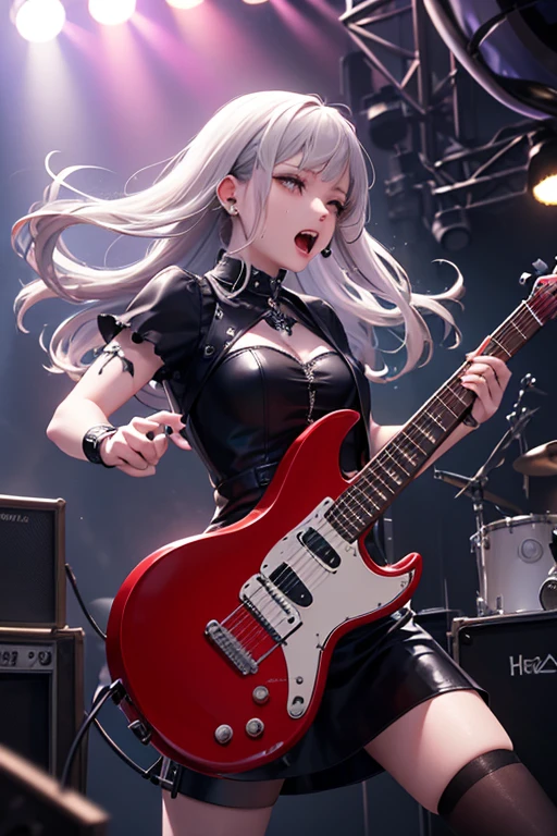 A three-woman metal band dressed in witch costumes、Arrived in Japan and held a mass at a live venue、Neck slashing pose、The intense performance was a huge success、Metal band performance、Fearless expression、Live venue lighting、The band's concept was a reaction to the witch hunts that swept through medieval Europe.、Electric guitar