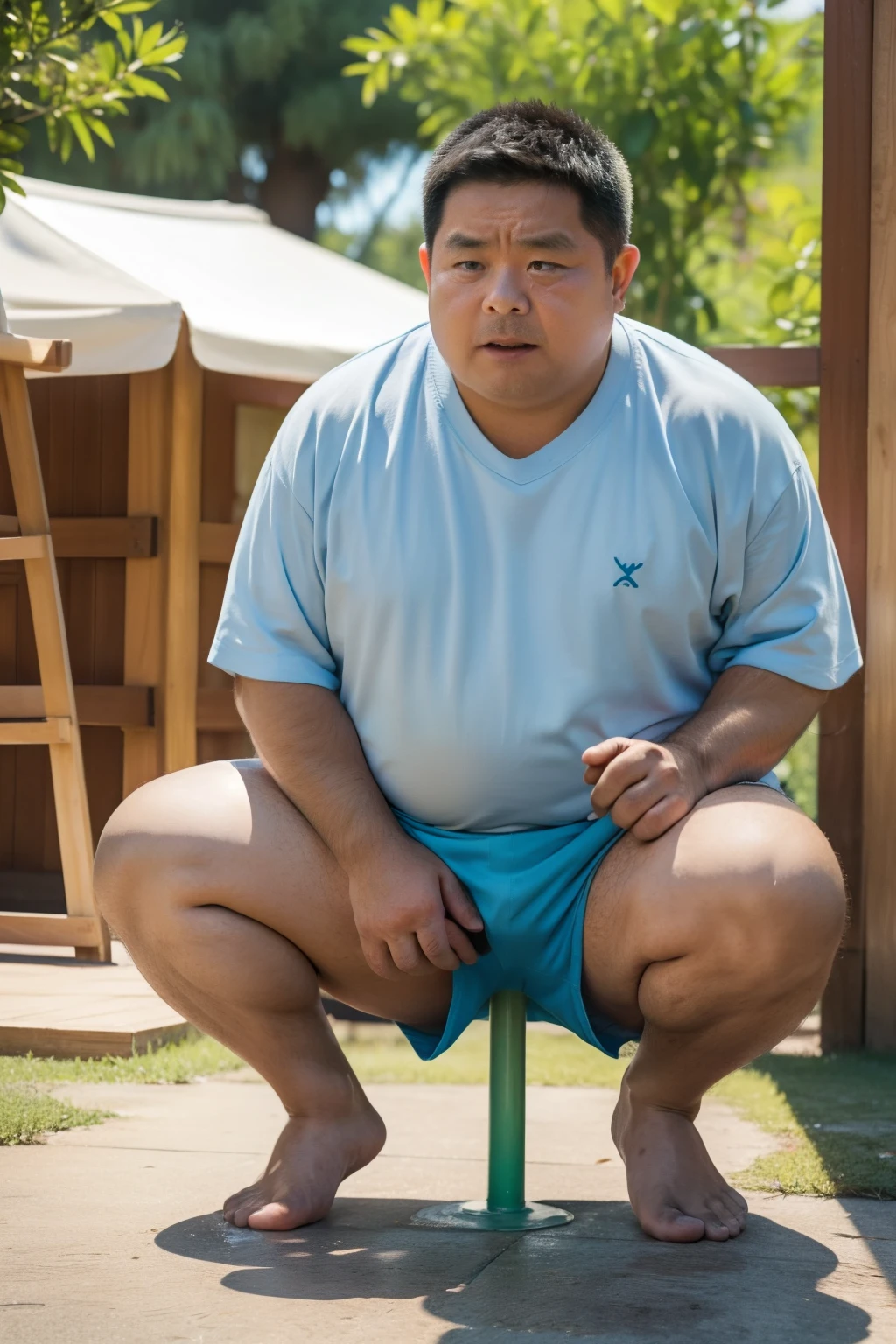 Thick Japan middle-aged man in his 50s, 1man, retarded, Dwarfism, He wears a light blue shorts, Bare Thighs, Pampers, shirtsless, ((peeing self, wetting self, pee stains,)), ((trembling, fear expression, scared, looking at viewer)), kindergarten background, It's a sunny day, Incontinence, He stand and cried in playground, Full body, a picture, 8k, high detail photo, Masterpiece