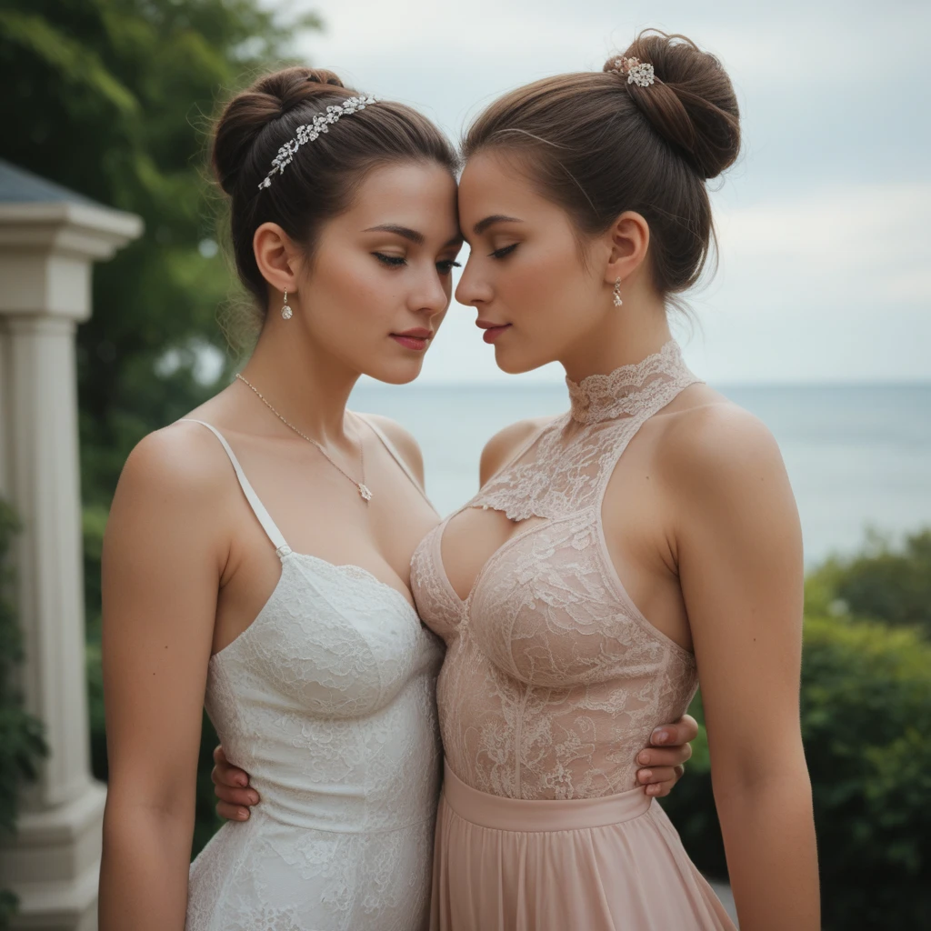 three girls, masterpiece,best qualtiy,hdr, hyper HD, 8K,Bokeh,Ultra-fine painting,Sharp focus,Physically-based rendering,Extreme detail description,portraitures,full-body photo,back turned at viewer, (shag hair), Sexy smile, choker, (summer dress:1.2), (in sunset light:1.2), (kissing:1.15), perfect eyes, perfect hands, perfect body, perfect hair, (Big breasts:1.5), (EOS R8, 50 millimeters, F1.2, 8K, RAW photo:1.2), photograph by arny freytag