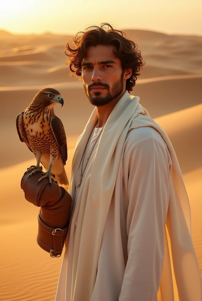 A handsome beautiful slim shirtless white skin man in the desert with a falcon