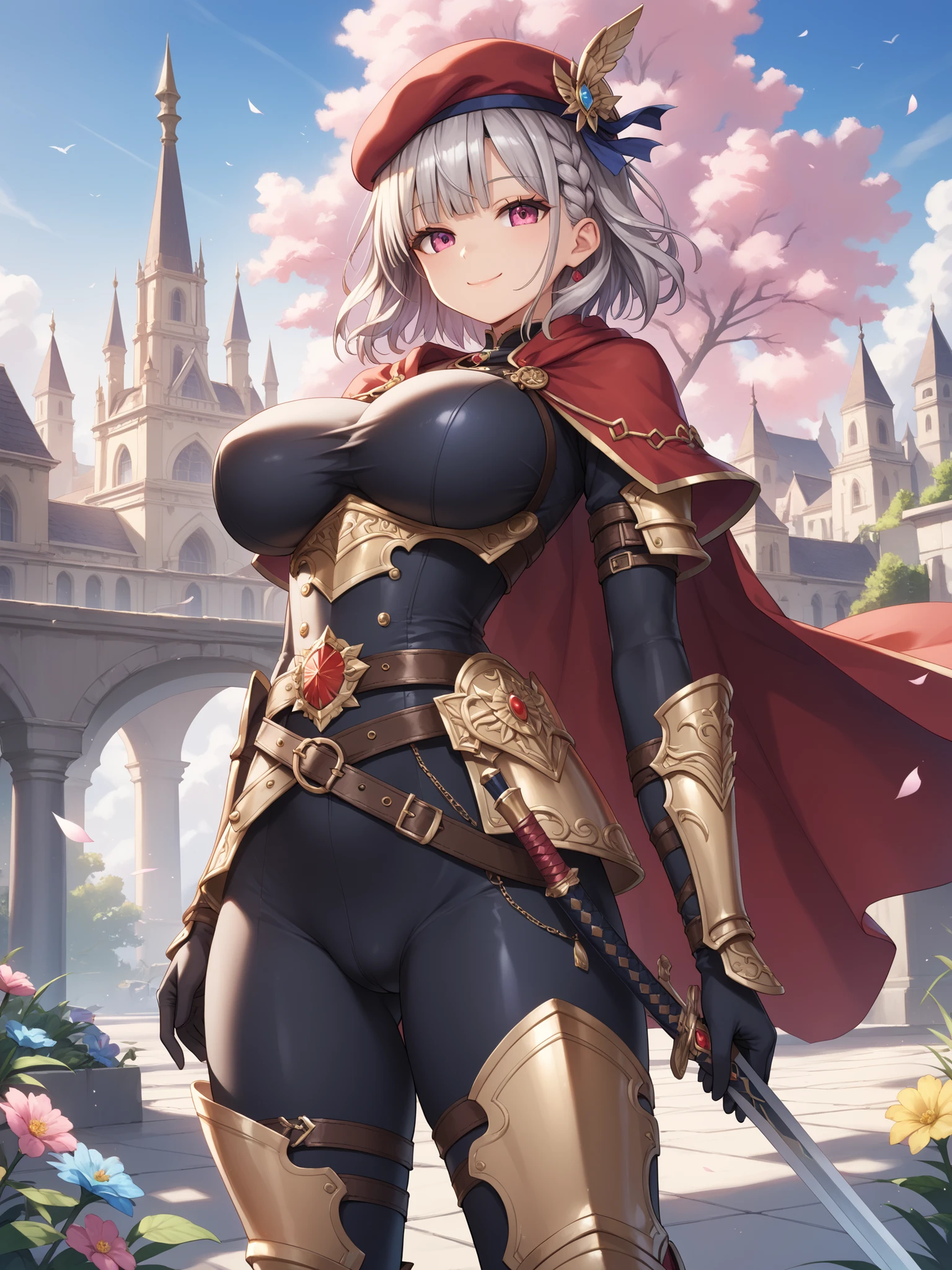 A woman wearing heavy armor, short white hair, red eyes, in a fortress of a medieval castle, medieval theme, blue sky, white clouds, a view of an open field with some trees,(just a girl, solo) ultra resolution, very detailed, HDR, masterpiece, 8K hd