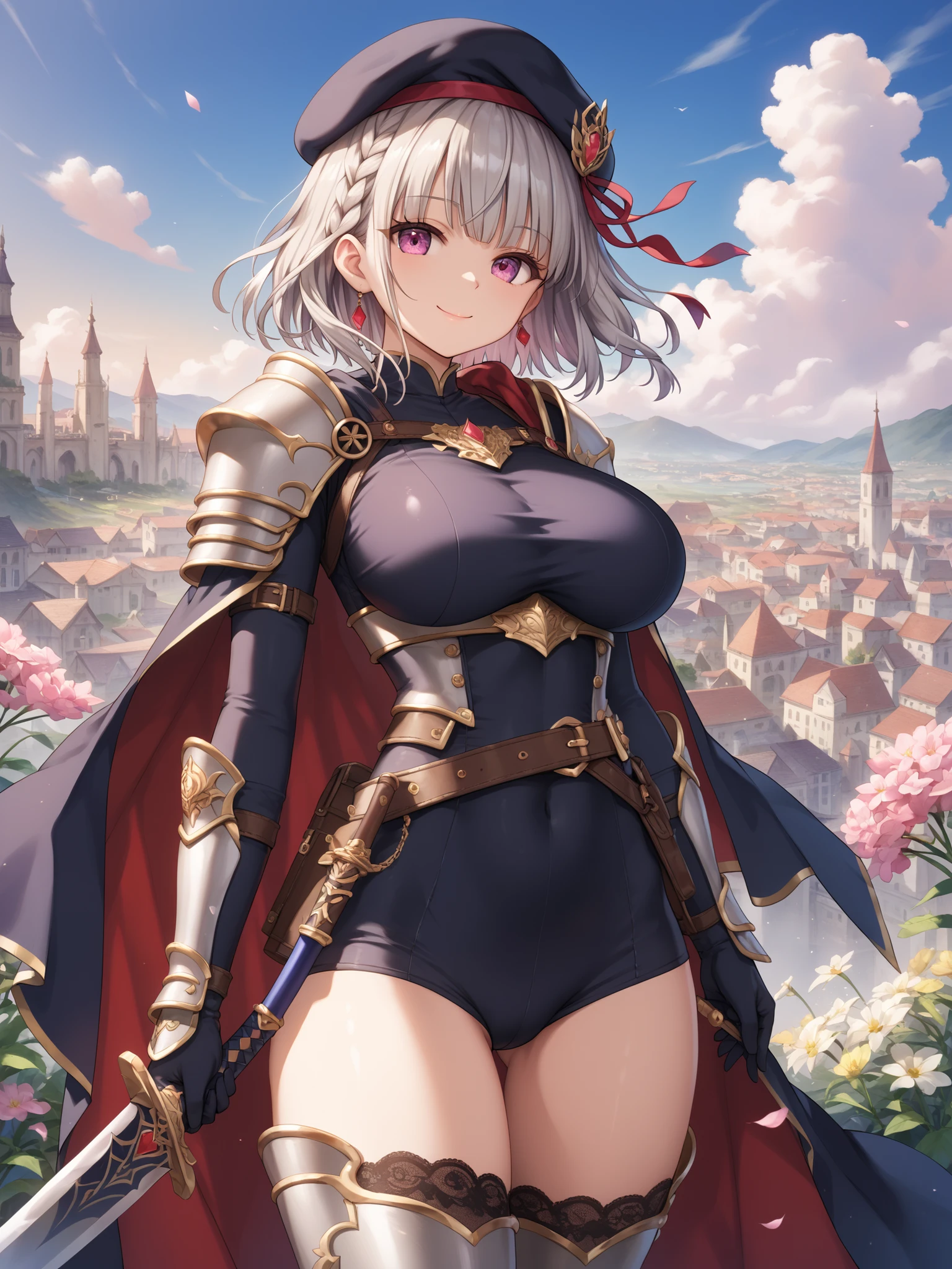 Anime illustration、highest quality、female knight、Perfect proportions、Large castle、Large city gate、Very thick legs、Beautiful, shining eyes、Cowboy Shot、smile、Noise Reduction
