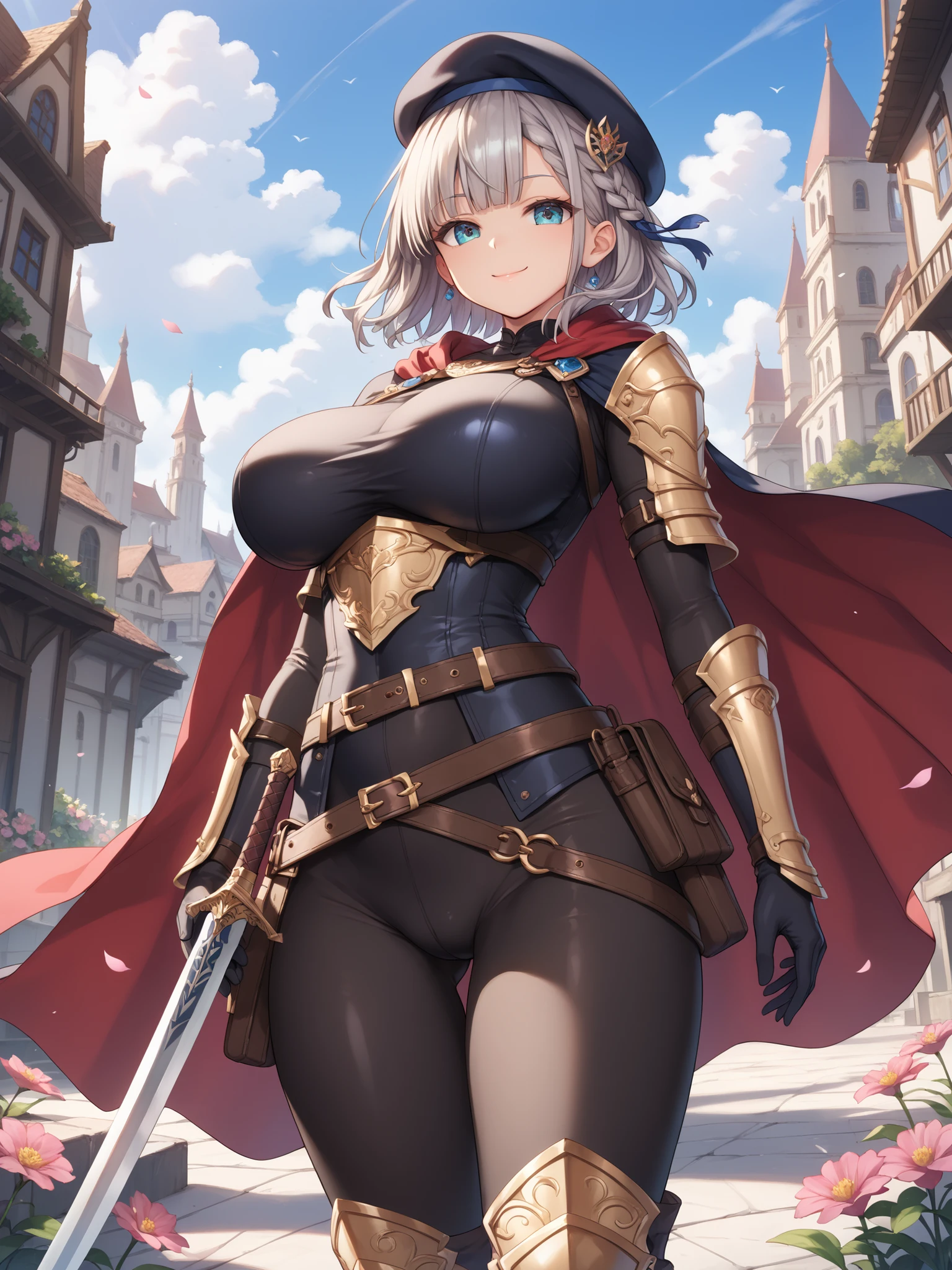 ((Top Quality)), ((Masterpiece)), (Detail), high resolution, Perfect Face, Fine Eyes, Depth of Field, Special Shading, cowboy shot, (1 beautiful female assassin), big breasts, ((short braided silver hair, purple eyes, tight black leather armor, magical runes, flexible chainmail, black leather pants with silver embroidery)), knee protectors, black leather boots with hidden pockets, black leather gloves, belt with pouches, pendant with dark kingdom's insignia, long black-bladed sword, stealthy position, drawing sword, sharp gaze, nighttime, dark kingdom's castle wall, full moon, old stone buildings, ivy-covered towers,