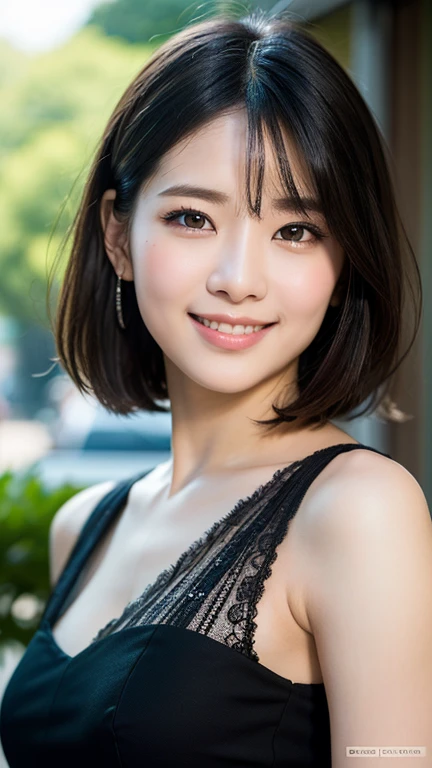 8k, Ultra-high resolution, Highest quality, masterpiece, 三分割法によるphotograph,Surreal, photograph, 1 girl, (:1.3), pretty girl, Cute face, Beautiful eyes in every detail, 細かくdetailedに,masterpiece,, One Girl:1.2, Japan Female Announcer,whole body,Young Wife,Urban area,street tree,Black Camisole Dress,Pencil Skirt,clavicle,Full of cleanliness,A carefree smile,Healing the heart,Short Bob,Looking at the audience、beauty,Long neck、Laugh a little、Please close your mouth and laugh、(((Ideal body type))),A-cup small breasts :2,、Portraiture:2、Perfect Anatomy、鮮明なdetailed、detailed、Surreal、Light and shadow,Strong light