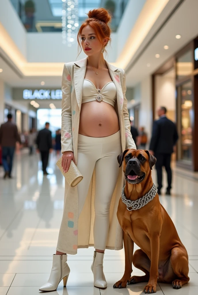 Pregnant woman dressed beautifully in low-rise pants with a pile of bags of little girl's clothes, a golden retriever at her side as she climbs into a new year's range rover and her husband closes the door and her little son next to her wearing a soccer uniform and a ball