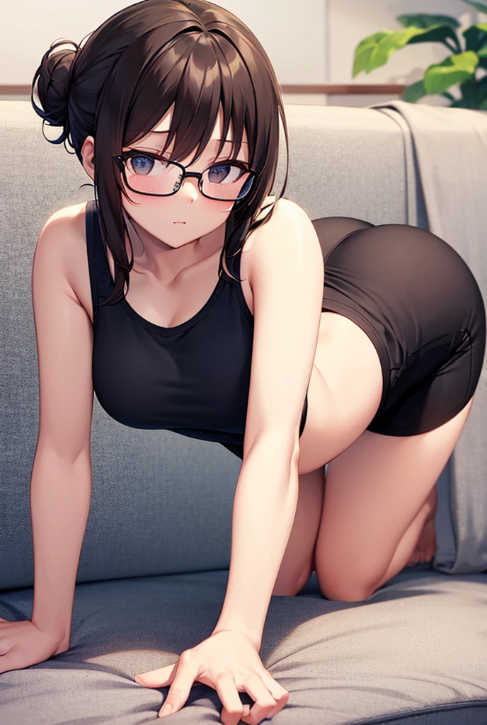 (software:1.5), (Tennis Wear、Skort)、Dark brown wavy long hair、Droopy eyes, Thick thighs, Such an ass, Liar, bed, Open crotch, Dettol, Spread your legs, Show your side, Down the Out、Tears are overflowing、Glasses、(Dynamic pose)、Untidy body、Dynamic Angles、Turning around、Big Ass