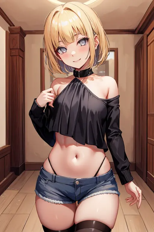 a cute young catgirl with a baby face and very slim figure, Nude,wearing a short denim skirt, micro shorts, crop top, and see-through top, showing nipples, striking a cool pose for a photo, with a shy smile, in a graffiti art background, hyperrealistic, 4k, flat chest, thick eyebrows, blunt bangs, brown eyes, freckles, adult
