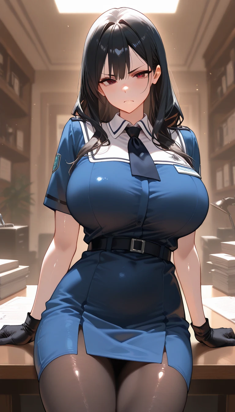 1 woman, 17 years old, (long hair, hairband, blue hair), scared face expression, plump body, blue eyes, Indonesian high-school uniform, (smile:1.4), osis logo on shirt pocket, huge XL breasts, light-grey pleated skirt, sitting on a chair, seductive pose, full body shot, smiling, in the classroom, smile. ako_bluearchive, wearing a mask (mask_pull, white surgical mask, surgical mask fit his face:1.2).