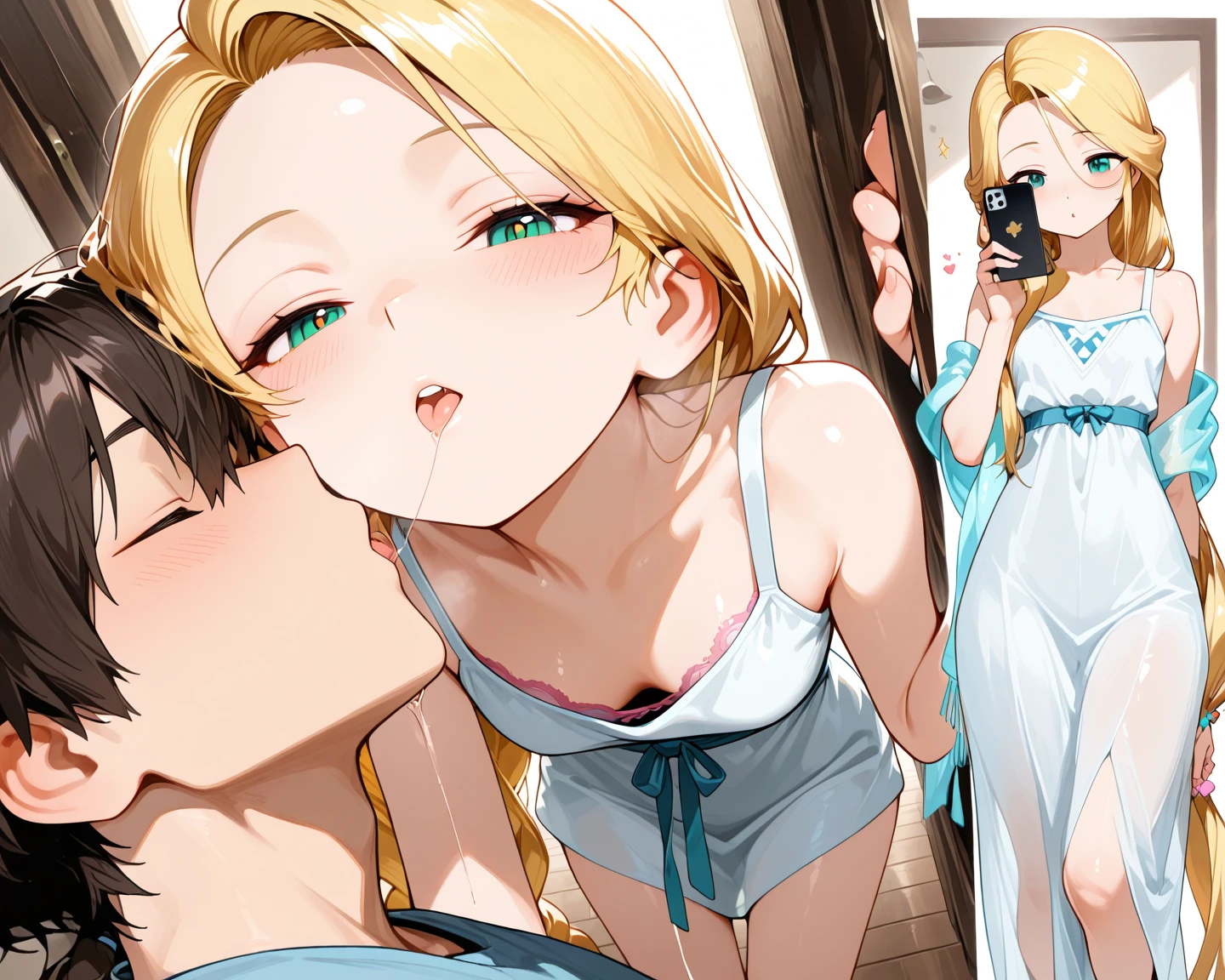 Naked blonde girl in the shower washing a little blonde boy