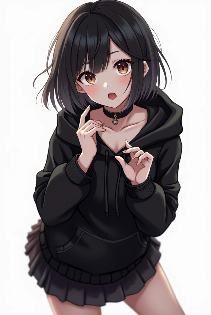 One girl、Black Hair、Twin tails、black eye、Eyes without highlights、Plain black oversized hoodie、Showing bare feet、Black tights、Black Lolita Sneakers、Platform sneakers、Sitting、Making a heart with hands、White background