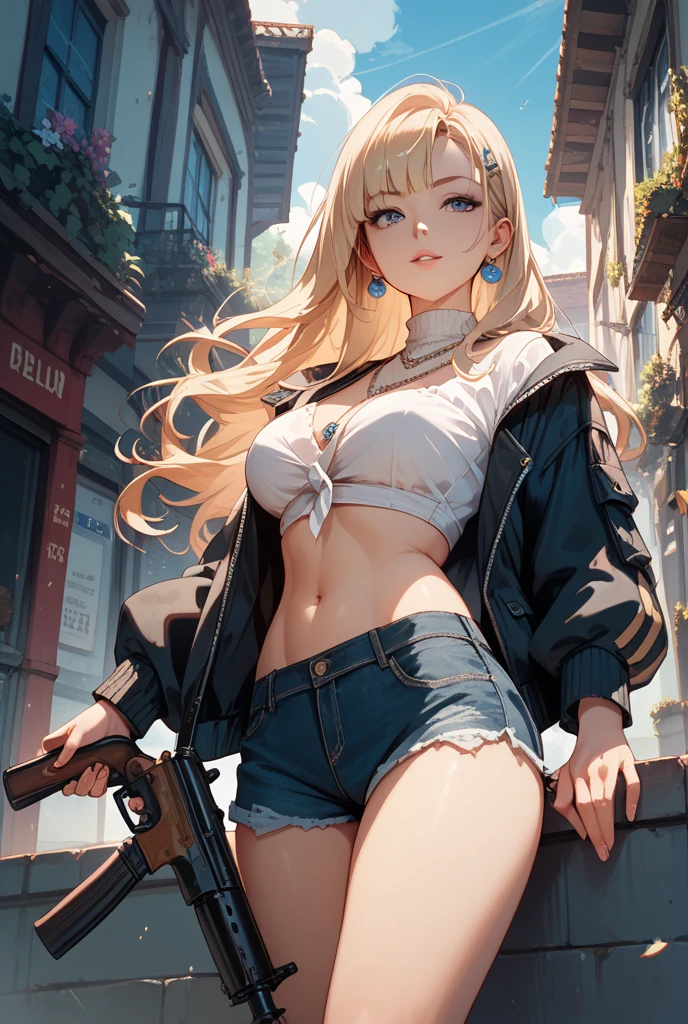 orianathomason, oriana thomason, blonde hair, blue eyes, long hair, 
 blush, lipstick, jewelry, earrings, nightclub, bar, inside bar,  Hot girl, baddie, mean girl, sensual, attractive, outdoors, rooftop, cityscape, building, daylight , city lights, jacket, masterpiece,high quality,4k, bare shoulder,belly,crop top,holding pistol,cleavage,jeans,casual
dress,street,road,smile, (nsfw) not safe for work, holding a gun,handgun, evil expression,
exposed belly, exposed navel, exposed midriff, exposed lower belly, crop top overhang, underboob,
unbuttoned jeans , low rise black jeans, Low rise jeans, Low rise jeans with open fly, navel piercing