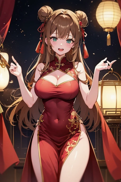 (Highest quality, 8k, 32K, masterpiece, Ultra-high resolution,:1.2),to be born, One Girl,So cute , Festive fantasy background, clear, Shining Eyes, Age 25 ,Fair skin, Brown-haired girl, Fantasy Clothing, Long Hair, An innocent smile, Large Breasts, Big Breasts, night, Earrings, necklace, mini skirt, Bleaching, Dharma