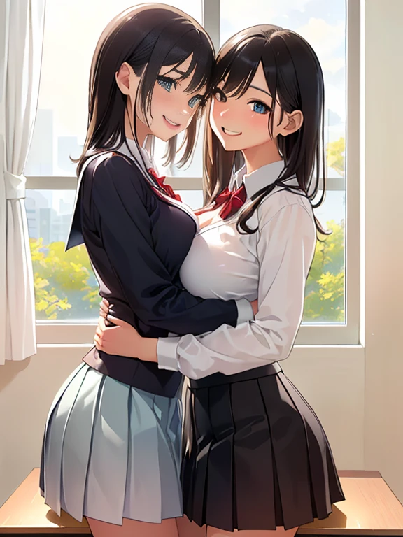 (Two beautiful young people, Perfect body, beautiful and plump breasts, classroom, high school girl, blazer, Pleated skirt, thighhighs, angry), (hug, Symmetric docking, Breast Press:1.4), Squashed chest, (eye contact, Look at another:1.5), (Highest quality, 8K, High resolution, masterpiece:1.2), Super detailed, Realistic, photoRealistic, photo-Realistic:1.37, Portraiture, Soft and warm lighting