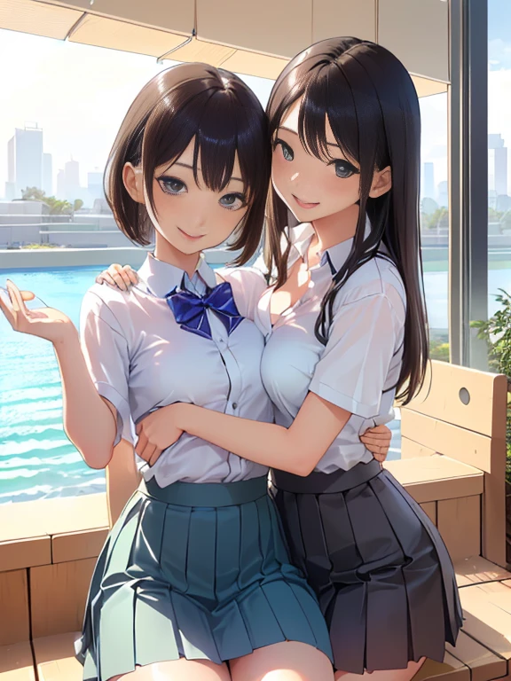 ((Highest quality, High resolution, masterpiece, detailed)), Cowboy Shot, Written boundary depth, View your audience, Anatomically correct, 1people, female, Perfect Face, Cute and symmetrical face, Shiny skin, (Medium Hair, Black Hair), Chestnut brown eyes, Long eyelashes, (Large Breasts:0.8), Beautiful details, Beautiful Hair, Beautiful Face, Beautiful clavicle, Beautiful body, Beautiful breasts, Beautiful thighs, Beautiful feet, (Collared shirt, Navy blue short pleated skirt, Red bow tie, necklace, panties), (Beautiful views), evening, walk, Tree-lined street, (smile, Naughty face, Part your lips), Skirt Lift,photolab