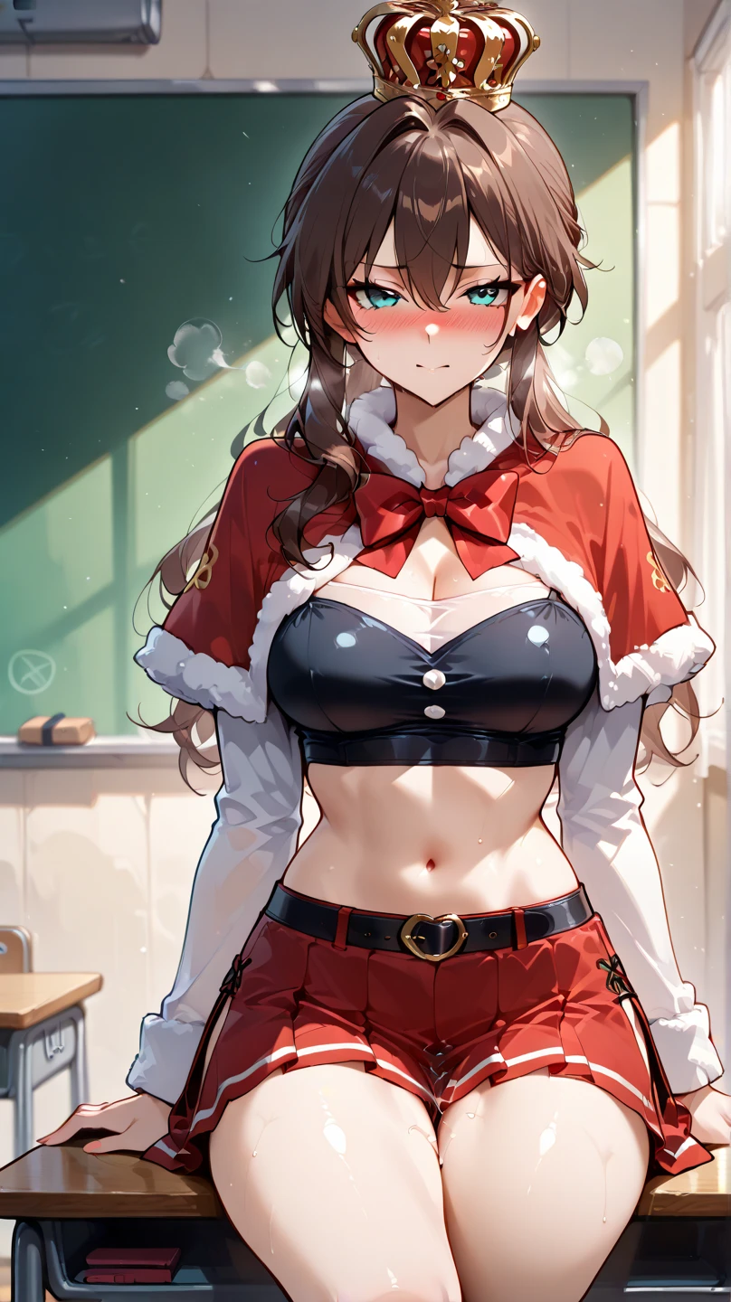 ((masutepiece, Best Quality, hight resolution, nffsw, Perfect Pixel, 4K, nffsw, nffsw))), 1girl in, Single, Solo, Beautie、full body seen、 ((Bangs, Brown hair, short hair, bob hair, swept bangrown-eyed, Beautiful eyelashes, Realistic eyes)), ((Detailed face, Blushing:1.2)), ((Smooth texture:0.75, Realistic texture:0.65, Photorealistic:1.1, Anime CG style)), medium breasts, Dynamic Angle, Perfect body, ((Santa Claus Costume、Red knitted hat、red and white off shoulder sweater、red and white flared skirt、Black garter stockings、Kamimei)), indoor, living room, christmas decoration, christmas tree、Sit on a desk、Lower&#39;I took my foot off the desk.................、、early evening、、((Angle looking up from below))、Very embarrassing panic smile、(Lift the skirt with your right hand、Touching the chest with your left hand、Open both legs、Pink floral lace panties)、