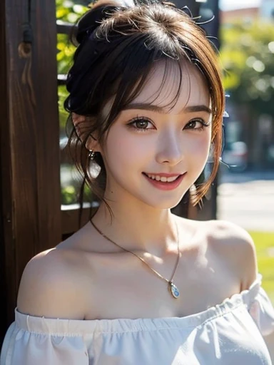 Highest quality,  Very detailed, finely, High resolution, 8k wallpaper, Black Hair、Perfect dynamic composition, finelyて美しい目,  Updo、Natural Lip, (Big Breasts:1.2), Cleavage, smile、ponytail、((Bend over and peer at me))、((Close your mouth))、Off-the-shoulder light blue dress、Flower Garden