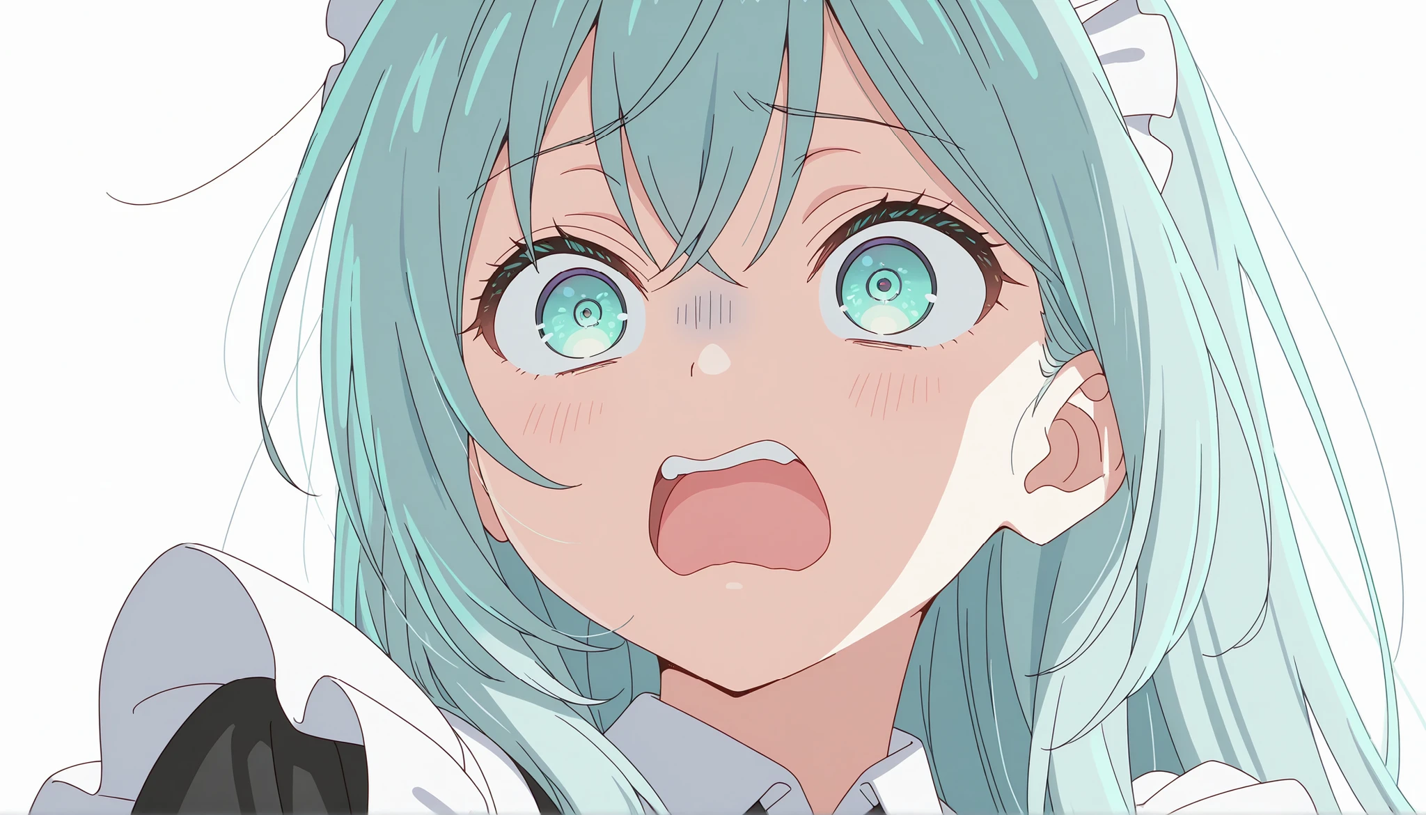 ultra high definition,simple white background, cute girl , Aqua eye, light Aqua hair ,straight short haire, solo,maid,scared,surprised,pose of holding the crotch