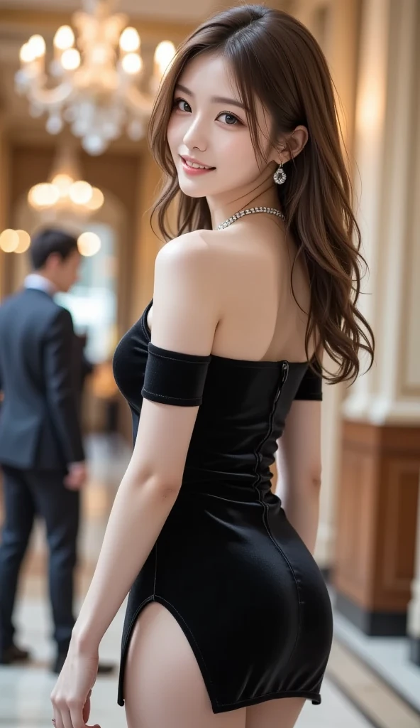 (Neat women in formal wear in the hotel lobby.:1.3) They are wearing pearl necklaces and earrings. They carry small black bags.beautiful eyes.One female voice is wearing a party dress revealing her shoulders.Beautiful face. Very realistic photographs.Small but beautiful breast shape. A little cleavage is visible.There are a lot of people around.Dresses in different colours and shapes.,asian girl