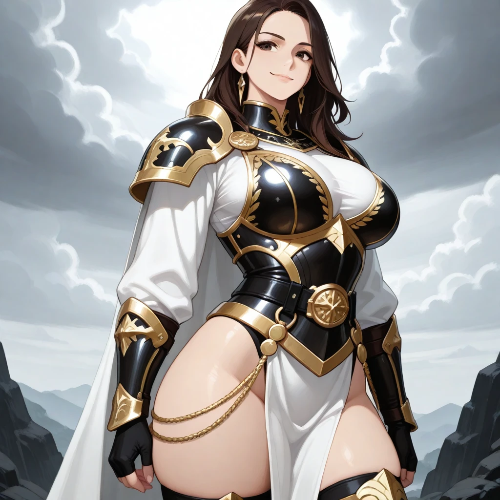 extremely long hair , ponytail, perfect anatomy 1 girl tall solo, slim thick, ((muscular)) high elf toned body, silver breast plate, blue cape, slendered abs, hourglass waist, detailed face, defined cheekbones, puffy lips, gauntlets, gold crown, shadow over eyes, looking at viewer, masterpiece, white thigh highs lingerie, high heels