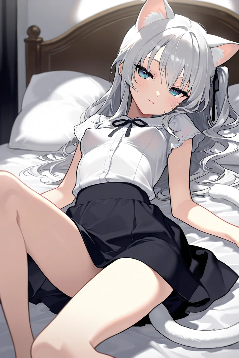white long sleeve shirt，Shirt length to thigh，Bare shoulders，Cat ears，shyexpression，Hang your hands at your sides，Open white shirt，Shoulders exposed，Cute loli，long whitr hair，Leaky shoulders，Barefoot，head looking up，Lie on the ground，Raise your feet，shift dresses，white  panties，largeeyes，Anime cute face，Loli，Long white socks，Masturbation，White hair，long whitr hair，Lolita skirt，Sleep peacefully in bed