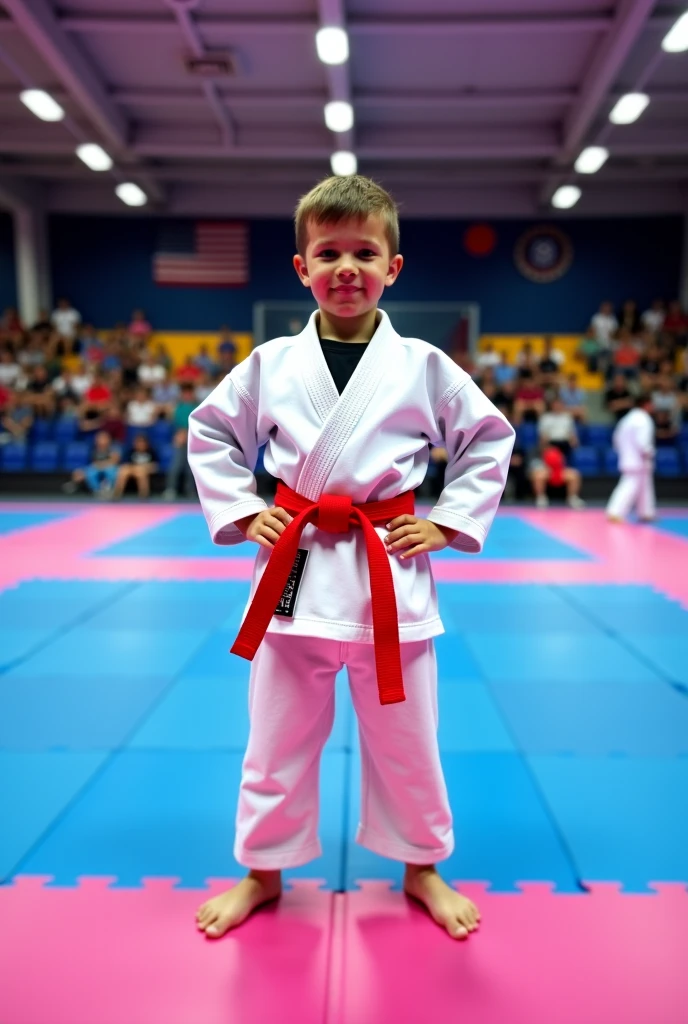 a teenage fighter in a blue kimono, with a defined body on the podium of a competition ,with medium curly hair with a gold medal 