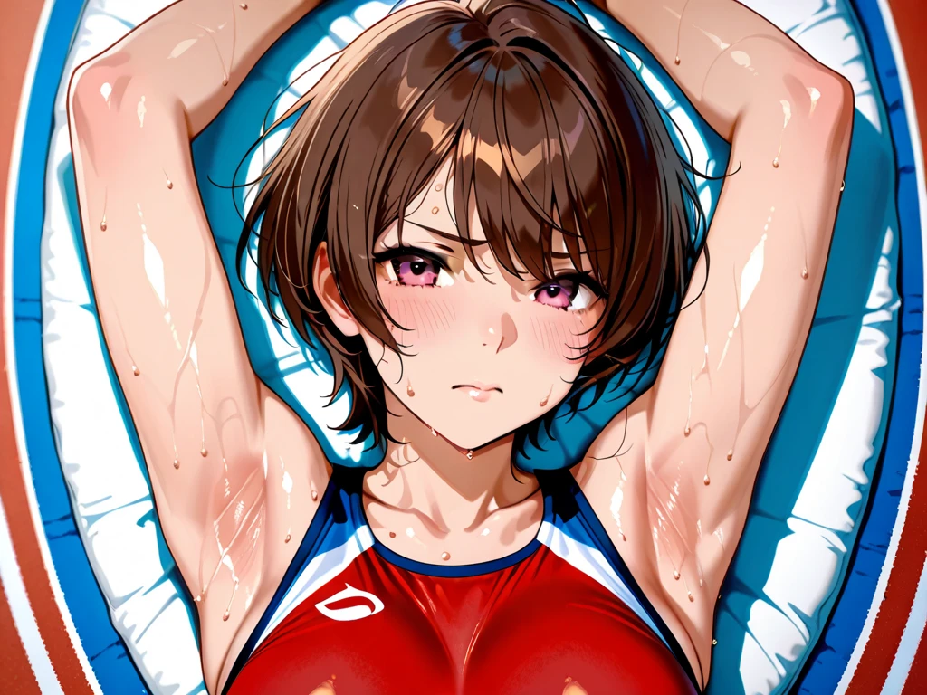 (One girl)、smile、Dark brown short hair、Female professional wrestler、Female Fighter、bed、Belly button exposed、Sweat、Spread your legs、From below