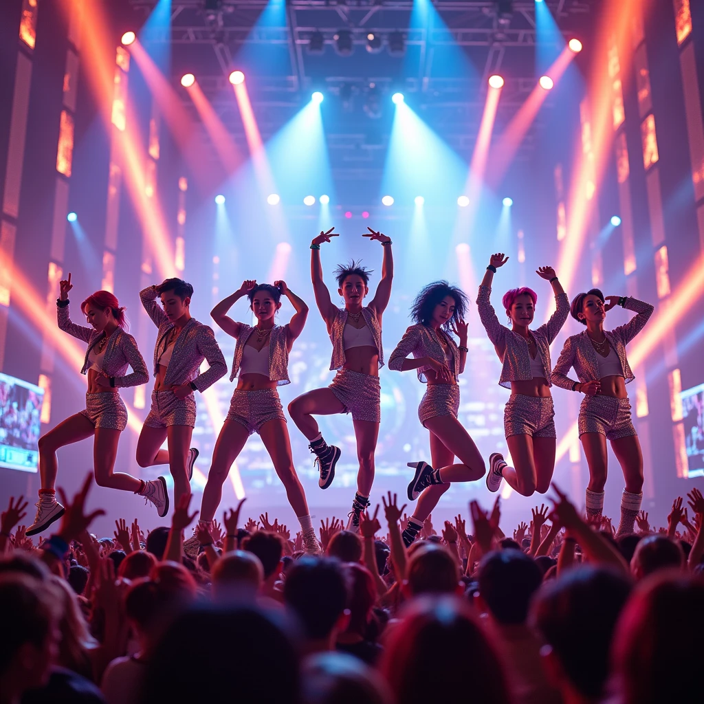 multi zoom angle,realistic,8k,Beautiful multiple sexy hiphop asian dance team girls, rock dancers estilo love dance team live, dancing and singing for her fans at the stadium
