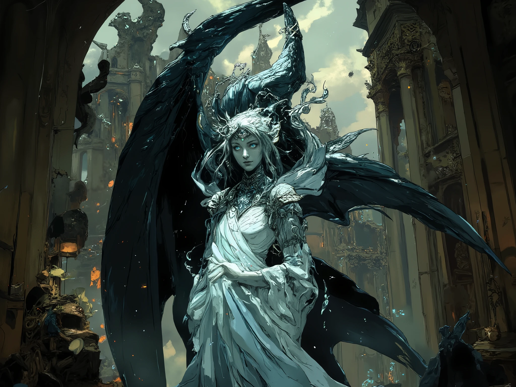The silvermist ghost of a beautiful girl and the black bone dragon protecting her at night in the ruins of a church
