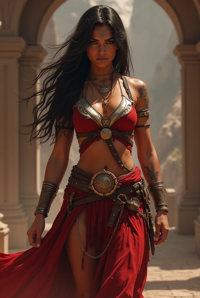 (Zendaya:Hailee Steinfeld), Hyborian Age, ancient desert city, 10,000 BC, walking in a market, slightly muscular, hyperdetailed painting, luminism, art by Carne Griffiths and Wadim Kashin concept art, dark skin, bracelet, navel, earrings, solo focus, anklet, dark-skinned female, midriff, blurry background, long hair, necklace, cleavage, black hair, skirt, realistic,