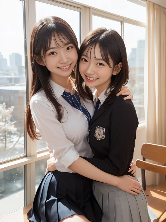 Two high school girls in a classroom、Natural body shape、White skin、Natural Makeup、Black Hair、bangs、Bob short hair and twin tails、((High School Uniform))(((navy blue cardigan、White collar blouse、red school ribbon、Checkered Pleated Skirt、mini skirt)))、((Big Breasts))、(Looking at the camera facing forward)、Full body photo、Exposing your thighs、White socks、Black Loafers、((Lift up the skirt))、(Small size pure white panties)、Focus on the groin、Sit with your legs apart、Very tight panties、Two people hugging each other
