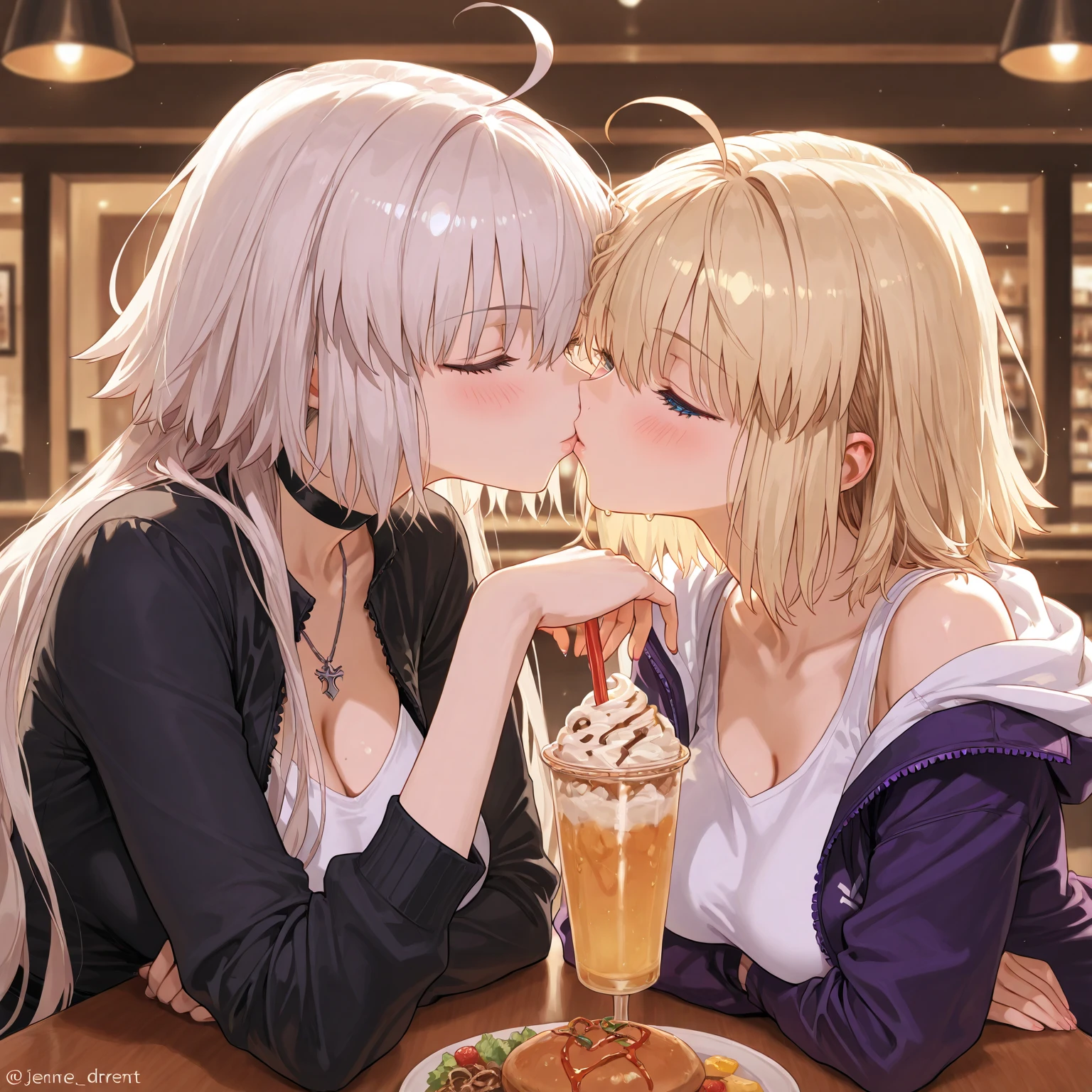 Tabletop, highest quality,figure, wallpaper, Super detailed, Absurd beauty、(night、Dark Room)、((Two beautiful girls、16 years old))、(((Kiss)))、(Blonde、Medium Hair、Wavy Hair、Very large breasts)、Close your eyes、Knitted sweater、Off the shoulder、Shyness