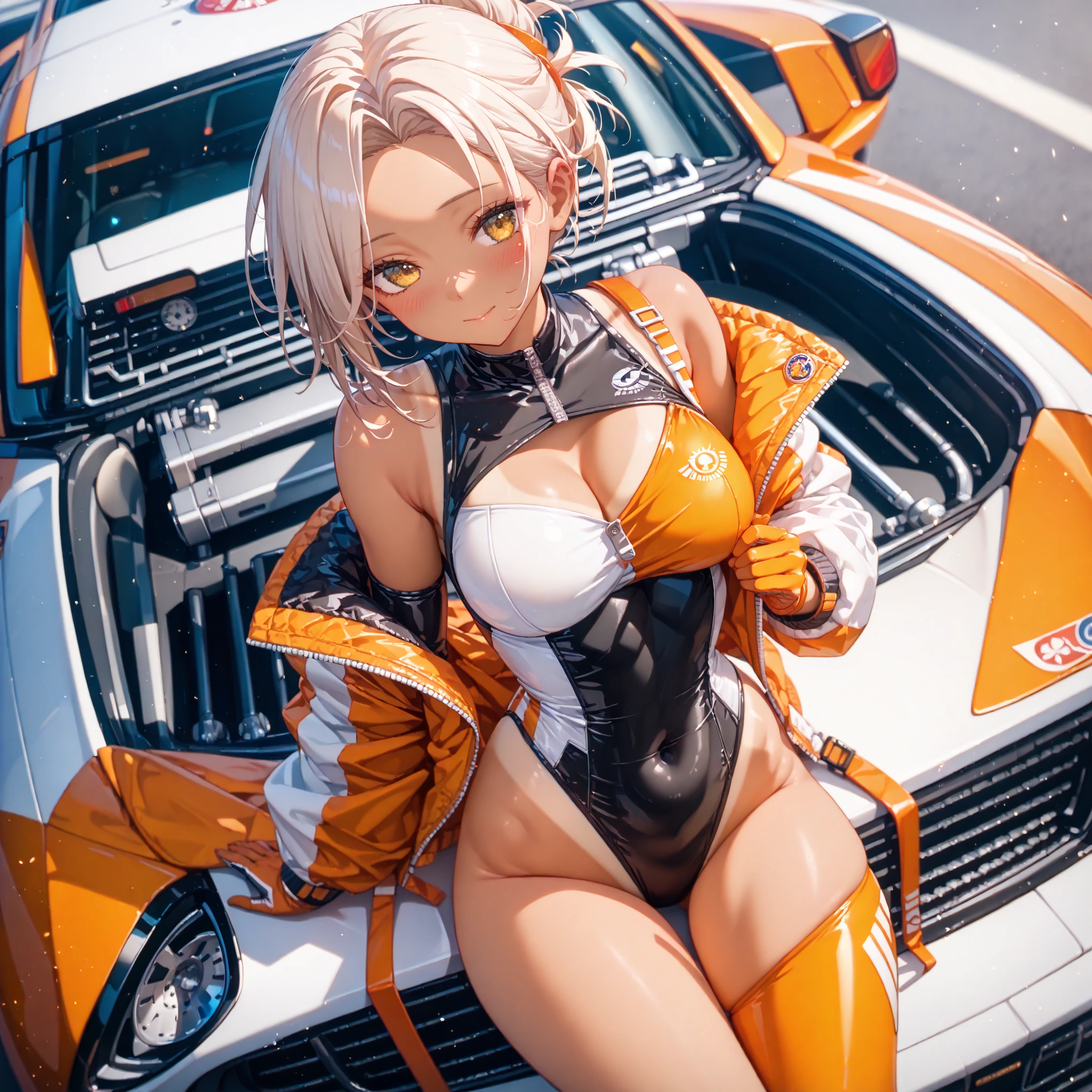 Highest quality、super high quality、16K, topless、Nipples、Tasty ass、Facial expressions are random、The location is a circuit、 Hair color is silver hair、The pose is holding a drink、The distance is random、Angle from below、Small face、Very delicate facial expressions、Delicate eye depiction、Highly detailed hair、Erotic、18-year-old female、Glowing Skin、Soft Skin、The only sexy Japanese woman、Race queen outfit random、Sexy ass、The focus is on the butt、Sexy crotch