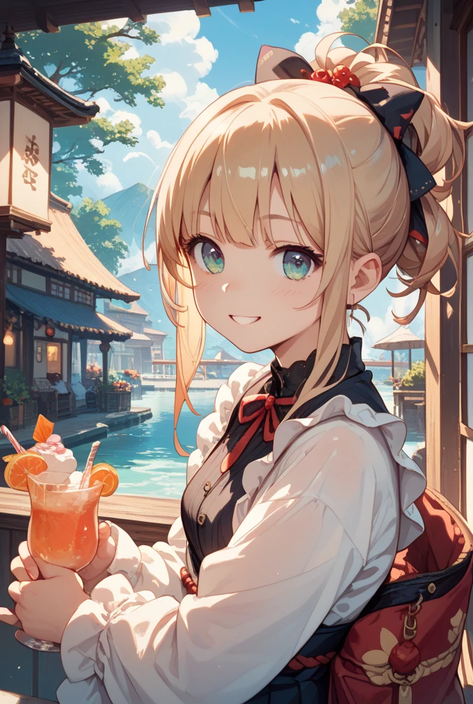(8k, RAW photo, best quality, masterpiece, highres, absurdres, ultra detailed:1.3), (Photography, realistic, photo-realistic:1.4), (beautiful natural lighting, beautiful deatailed shadow, beautiful detailed glow :1.4), atmospheric,
BREAK, 1 beautiful girl, girl, (cute:1.5),(chibi:0.5),(cute:2.0),(Loli:2.0),(12 year old girl),(big breasts:1.65),(chin hair,blonde,blue bow,green eyes,Eyebrows visible through the hair,side lock,long hair with bangs parted, hair flower, hair ornaments, big ribbon in hair, curly hair, ponytail:1.6),:he, white feathers, one thin white wing, Ang he wings, spread,(blushed, Gentle smile:1.45) , BREAK
//Character
1girl,
BREAK
//Character
1-girl
Blake
//Fashion
Modern Kimono Inspired by Fireworks
This modern twist on the traditional kimono features a longer, above-the-knee length and a fitted waist. The light, flowing fabric of deep navy blue is decorated with an intricate multicolored fireworks pattern that sparkles with metallic threads,
BREAK
Strappy red sandals and delicate gold hairpins with small firework motifs, accessorized with simple gold earrings and matching bracelets,
BREAK
(A girl carries a large tray of shaved ice, a coffee shop at sea, beach background:1.2),(slender, long sleeves:1.2), (gorgeous table, huge shaved ice and huge sized iced coffee on the table:1.35), (left index finger in mouth,leaning forward:1.25),,
BREAK wakame,wakame,wakame,(cowboy shot,from front:1.4) BREAK manga illustration.media,manga style,(ultra rich intricately proper sketch+pastel+airbrush+colored pencil:1.1),(ultra highres composition details:1.2), (delicate illustration), (pastelcolor style illustration:0.9), (watercolor style illustration:0.4),