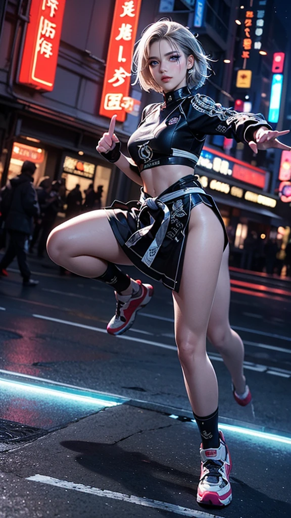Fashion photography of real-life Makima from Chainsaw Man, in an action pose with an amazing camera angle. The setting is a dynamic urban environment, with buildings and neon lights in the background. The composition centers Makima, capturing her mid-movement with a powerful stance. The lighting is dramatic, with intense highlights and deep shadows emphasizing her features