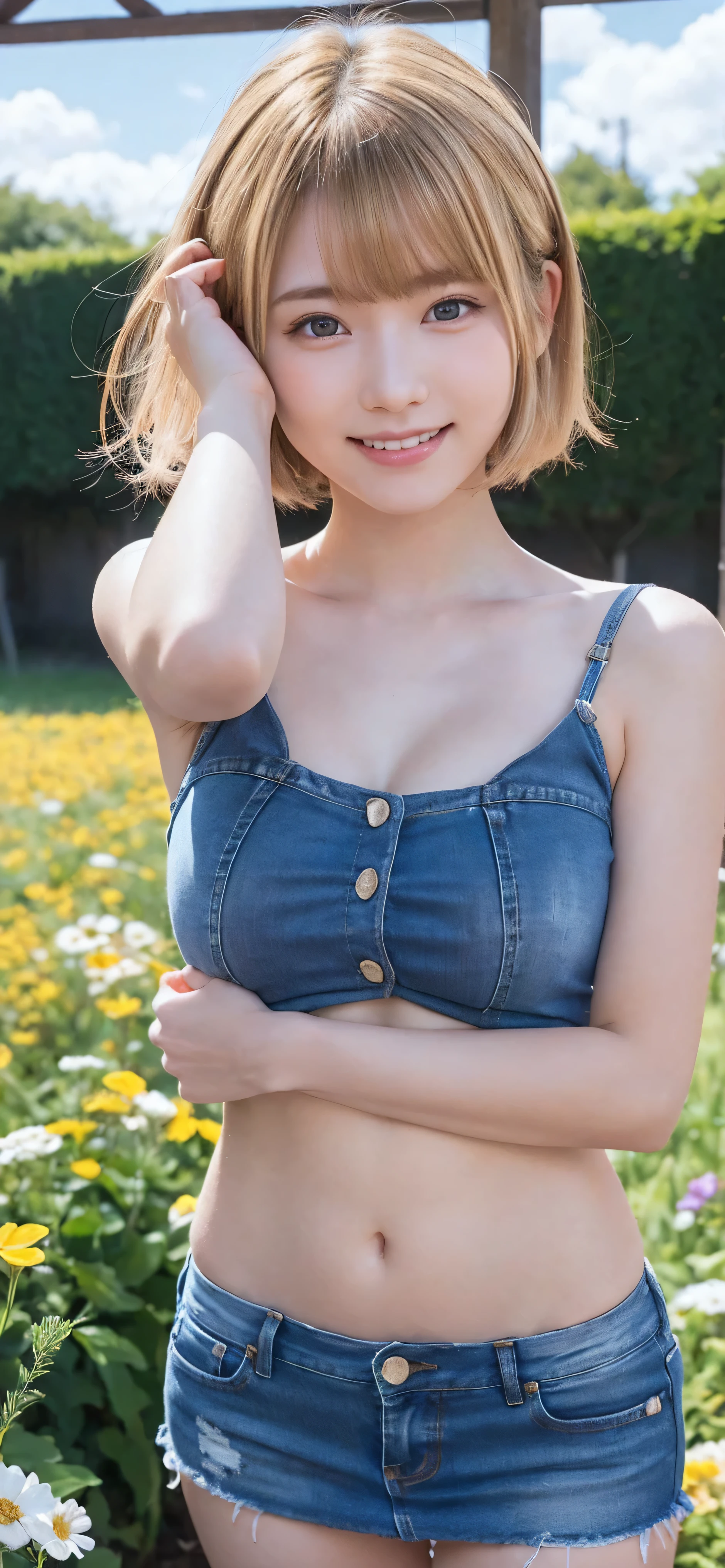 (8K, RAW Photos, Highest quality, masterpiece:1.2), Super detailed, Ultra-high resolution, (Realistic, Photorealistic:1.37), High-definition RAW color photos, Professional photos, Very delicate and beautiful, Very detailed, 8K壁紙, (Beautiful and detailed eyes)、(Beautifully detailed face),Anatomically correct body shape, Natural light,(upskirt:1.3),Reverse Shooting,low angle,from below, woman、Japanese、20-year-old, Blonde、Short Bob、 (A shy smile:1.3), Fine and beautiful skin、Skin Texture、 (Slim waist:1.2)、(E cup bust:1.21), (camisole,mini skirt,armpit shot,underboob:1.25),Standing,Sharp focus、The background is a realistic cityscape