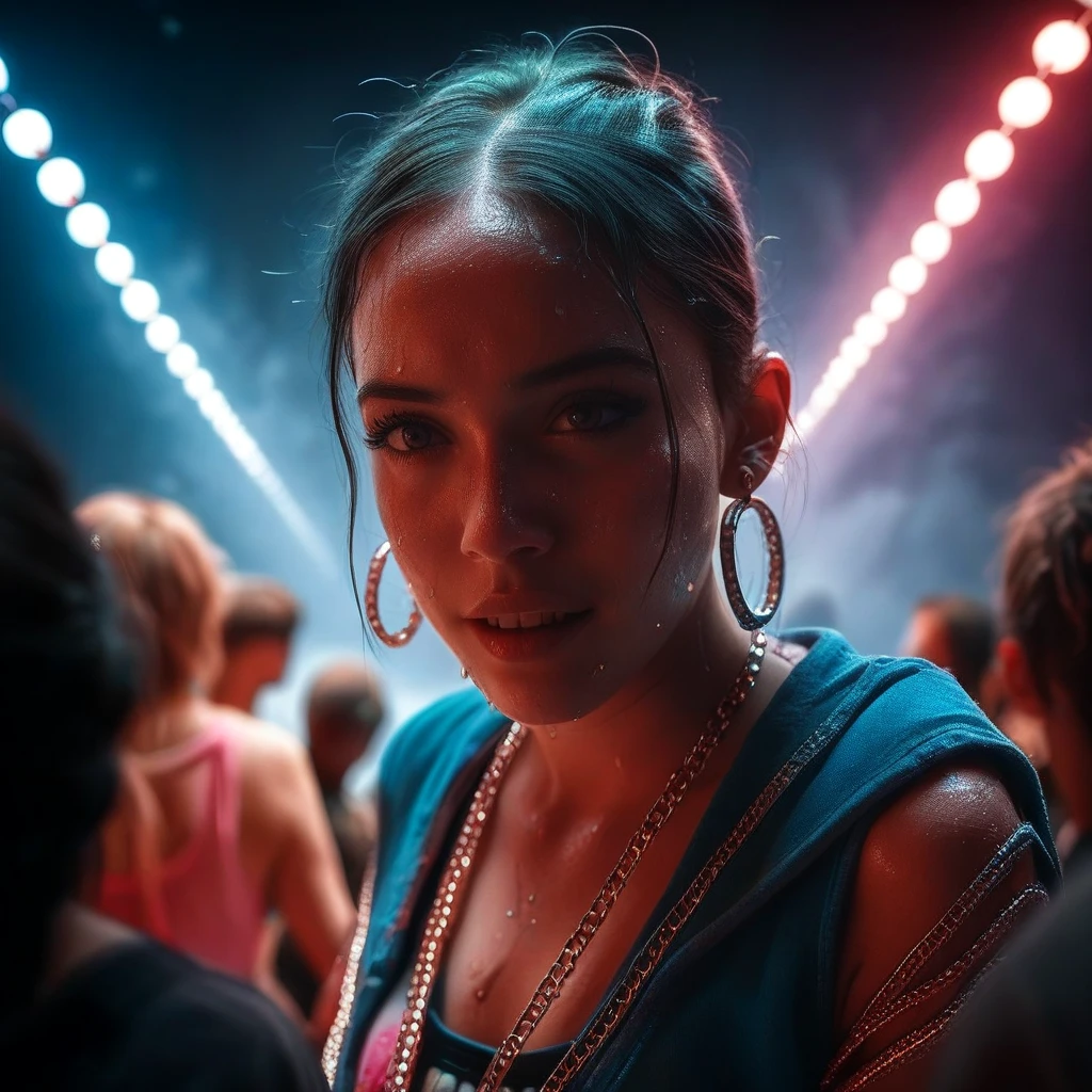 ((masterpiece:1.3)), ((best quality:1.3)), ((ultra_detailed:1.3)), luminous design, pastel colors, ink drips, DJ, close-up shot of upper body, observing the crowd, In this mesmerizing visual composition, a woman takes center stage, surrounded by a luminous design that radiates with vibrant pastel colors. The design seems to come alive, with ink drips cascading down, adding an ethereal touch to the scene. The woman, a DJ, is captured in a close-up shot of her upper body, standing behind the decks. Her gaze is fixed upon the crowd, observing their every move. The intensity in her eyes reflects her deep connection with the music and the energy of the crowd. The composition is meticulously detailed, with every intricate pattern and color gradient of the luminous design rendered with precision. The pastel colors create a dreamlike atmosphere, enhancing the enchanting aura of the scene. The ink drips add a touch of unpredictability and creativity, symbolizing the fluidity and artistry of the DJ's craft. As the DJ observes the crowd, the energy in the room is palpable. The crowd is a blur of movement, with hands raised and bodies swaying to the rhythm. The DJ's presence is magnetic, guiding the energy of the room with her music selection and skillful mixing. This composition is a true masterpiece, capturing the fusion of music and visual art in a captivating and immersive way. It celebrates the creativity and passion of DJs, while inviting viewers to be part of the electrifying atmosphere of a live performance.