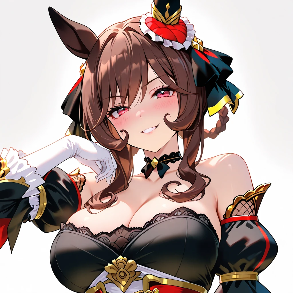 best quality, masterpiece, highres, solo, {amber_genshin:1.15}, long_hair, brown_hair, bangs, ribbon, hair_ribbon, hair_between_eyes, red_ribbon, breasts, smile, brown_eyes, blush, cleavage, goggles, open_mouth, medium_breasts, 1girl, bare_shoulders, bow, bowtie, detached_collar, leotard, looking_at_viewer, playboy_bunny, rabbit_ears, animal_ears, fake_animal_ears, red_leotard, simple_background, white_background, strapless, strapless_leotard, wrist_cuffs, black_bowtie, pantyhose