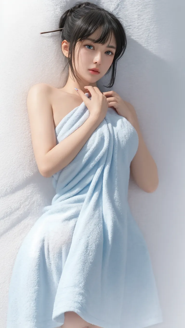 ulzzang -6500-v1.1, (Raw photo:1.2), (Photorealsitic), (See-through:1.3), (Real:1.4), Beautiful detailed ,extremely detailed eye and face, ((towel fabric strapless dress:1.5))、Sit on the bed、game_nffsw, huge filesize, hight resolution, ighly detailed, top-quality, [​masterpiece:1.6], illustratio, ighly detailed, nffsw, finely detail, top-quality, 8k wallpaper, Cinematographic lighting, 1 milf, 42 year old, perfect body type, cute droopy eyes beautiful big eyes、Pieckfinger, ((masutepiece)), Best Quality, eye shadow, Portrait, ((FULL BODYSHOT:1.4))、(Very affectionate smile:1.2)、realistic skin textures、shinny skin、Exposed thighs!!!