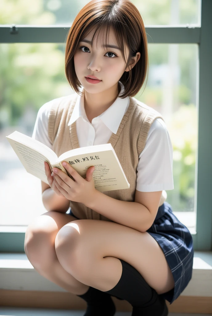 8K resolution、(RAW quality:1.4)、A girl, , (Sitting on the grass，Leaning against a tree, read, Knees together, Spread your legs, Under the skirt, (hairy:1.1), (:1.1), (Front view, Low Angle:1.4), Uniforms, Check mini skirt, detailed, Midsummer blue sky, Cumulonimbus, high resolution, Ultra-high quality, Super masterpiece, Leaves, cleveage,