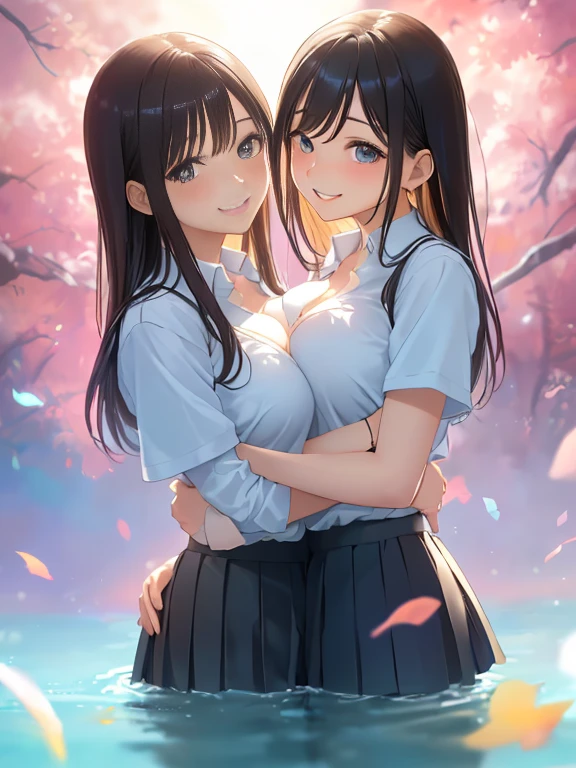 Two women embracing in water, bodies pressed together, ((lips touching)), romantic, lively, in water up to their chests, masterpiece, best quality, highres, hmsl1, hair flower, x hair ornament, white sweater, purple jacket, flower, long sleeves, open clothes, black bow, sleeves past wrists, skirt, standing,  soaked,  drenched, ((wet clothes)), ((fully clothed)), splashing, dripping wet
