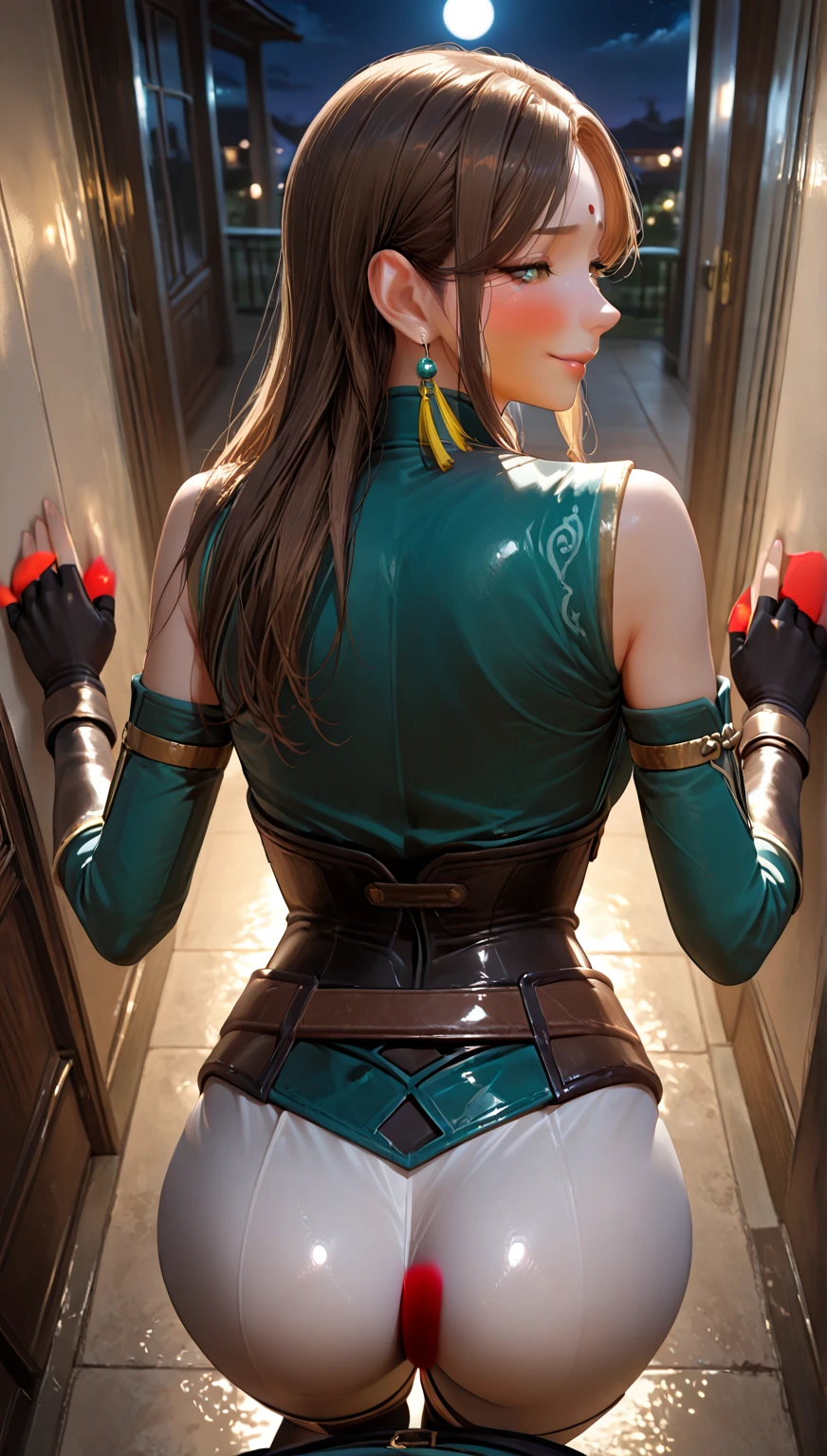 8K quality、High resolution、Realistic skin texture、High resolutionの瞳、Detailed face、Blowjobする女、Brown long hair、、A simple green Chinese dress made from light fabric.、Dignified face、thin、Model Body Type、Realistic female genitalia、Deep and realistic penis swallowing、Blowjob、deep throat、Semen-covered body、put penis in mouth all the way to the base、Shooting from the side、Swallowing a lot of semen