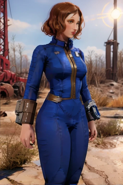 Crie uma obra de arte digital com Sweetie Fox no universo Fallout. She is 5'5" with a slender construction, mas forte, sporting her iconic red hair tied into a practical ponytail. Her piercing blue eyes display a mix of determination and vulnerability.. Dressed in a modified Vault-Tec jumpsuit, she combines practicality with her unique talent, adding elements from his well-known fox cosplay – think pointy ears and subtle fox markings. She is armed with a laser rifle slung over her shoulder., and her belt is adorned with bags and accessories, ready to face the post-apocalyptic wasteland. The backdrop is a desolate landscape, with remains of a ruined city behind it, capturing the strange, Fallout's still intriguing essence.
