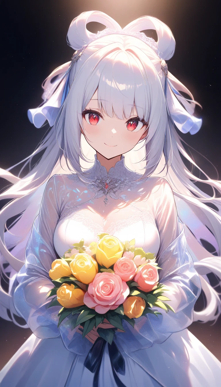 ((wedding)), ((Bride)), ((White Hair)), Orange Pink Eyes, Two-Tone eyes, ((Bridal Outfit), ((Flowers)), ((Petals)), ((Curvy)), ((Elegant)), ((Orange)), ((Crystals)), ((Love, Smile, Hearts)), ((White Brides Dress)), ((Long Hair)), ((Angel, Angelic, Halo))