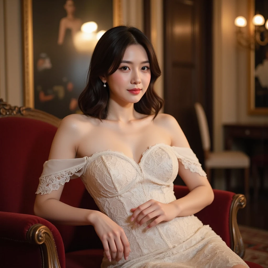 (a beautiful detailed young woman with long slender legs, a delicate and gentle demeanor, imperial sister queen-like temperament, white porcelain skin, perfect facial features, bright captivating eyes, red full lips, soft shiny long hair, wearing a sheer lace and net evening dress with skin visible through the fabric, diamond earrings, ruby necklace, posing with a heroic and beautiful expression, characters fill the frame, realistic detailed portraits, high quality 8k image, professional lighting and rendering, best quality, masterpiece, close-up shot, medium shot, cowboy shot, sfw)