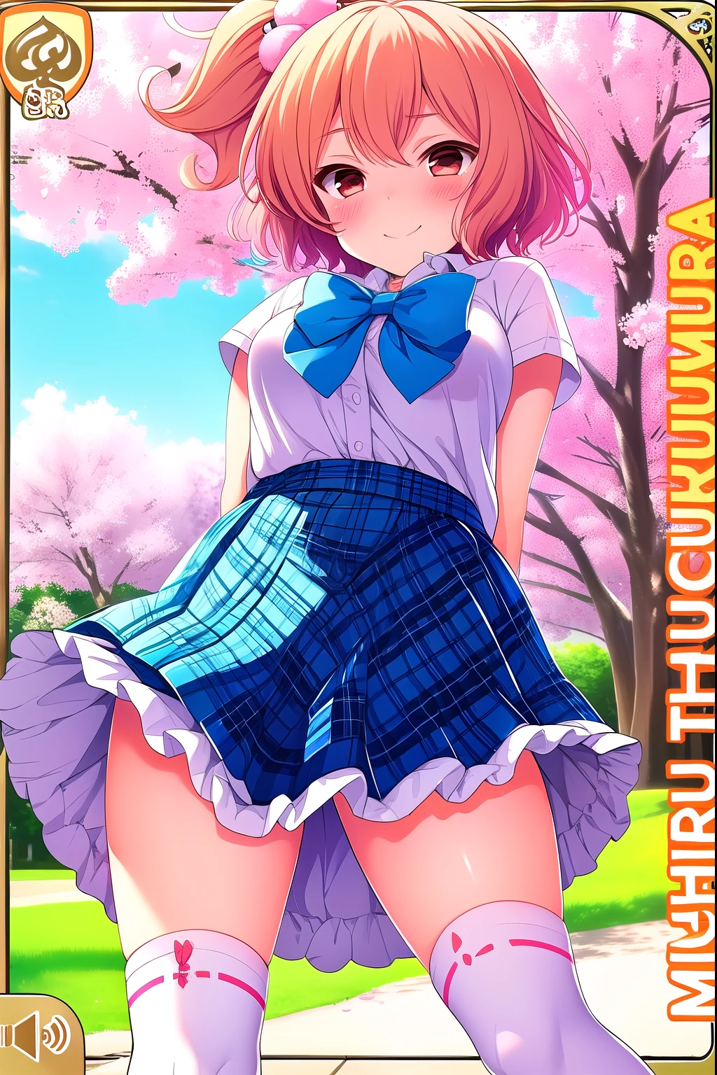 red short hair, (((braids))), fringe, bangs, smiling, hands joined, ((((upskirt))), ((white dress)), looking back, (((pink panties))