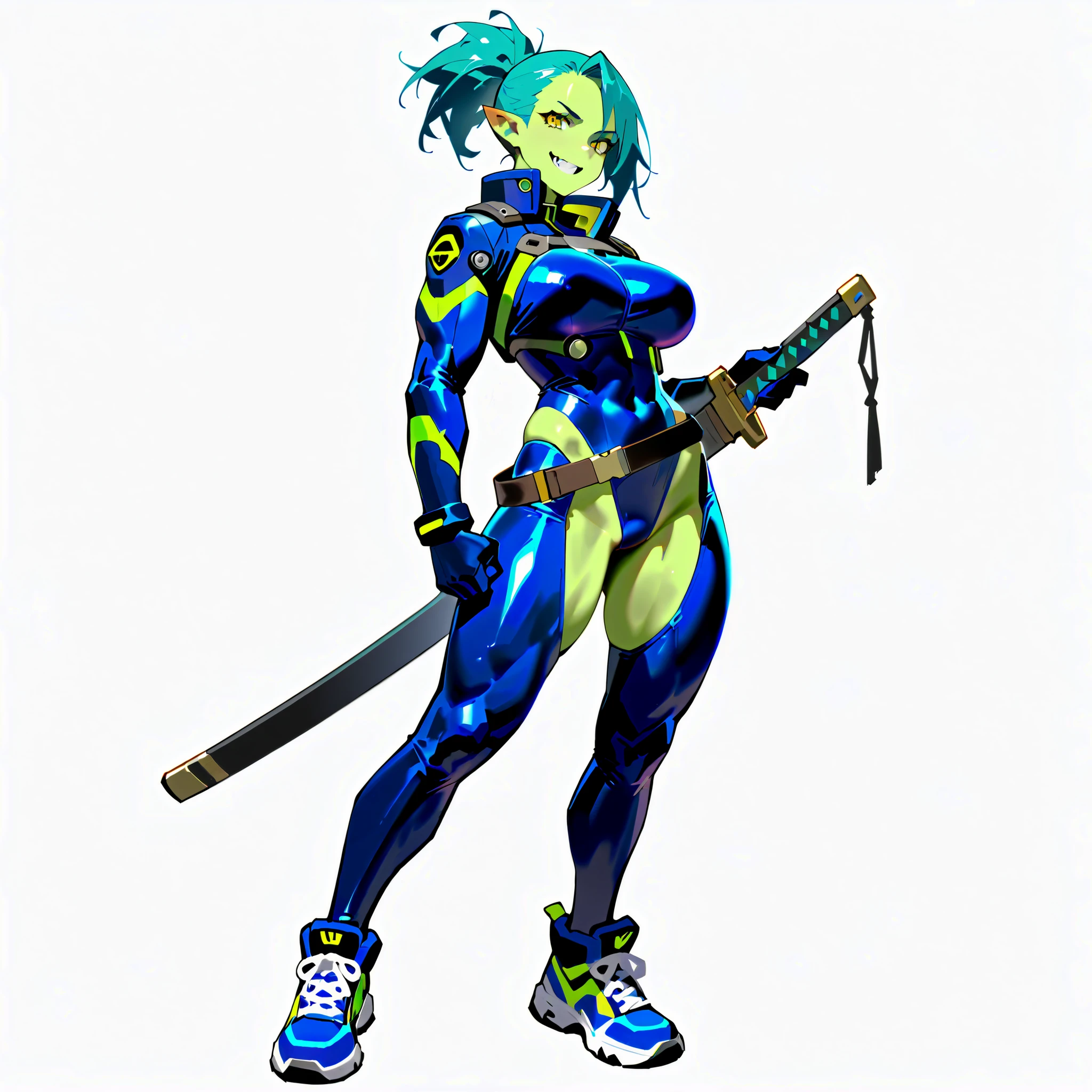 (((masterpiece))), (((Best Quality))), ((Ultra-detailed)), (High Definition anime Illustration), ((extremely delicate and beautiful)),((1 orc girl)),solo, Full body, (night-blue ponytail hair style),yellow eyes,((blue Cyber-suit))((holds a sword in a scabbard)),(pale green skin)(pointed long ear)(smiling JAGGED-TEETH),(Muscular but feminine body shape),(wears high tech sneakers)(Character Focus),highly detailed, Colorful, highest details, Cyberpunk orc samurai girl, Beautiful and terrifying, Digital Painting, 8K High Resolution, trend art station, Whole body, full body standing, front viewer, (((white background)))