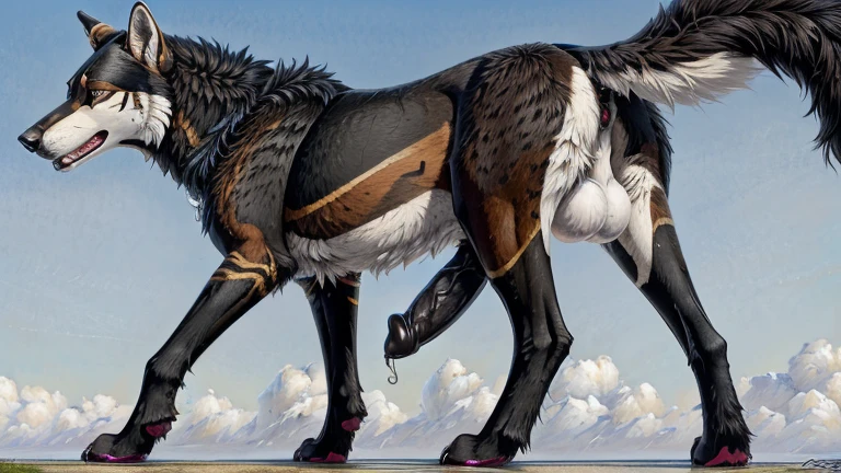 Art by spottyjaguar, art by deormynd,art by raptoral, art by notafurrytho,posted on e621,solo,male wolf,(fera,quadruped:1.3),balls,knot,seductive,thick legs,foots,showing butt,on fours,slut,humiliation,raising leg