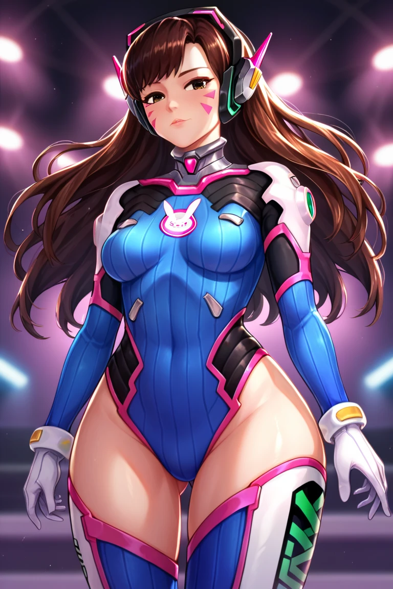(masterpiece, best quality, ultra detailed, absurdres)1.5, 1girl, (sexy, beautiful woman, perfect face, perfect eyes, perfect female body, huge breasts)1.5, (dvaover, d.va \(overwatch\), long hair, brown hair, swept bangs, headphones, blue bodysuit, ribbed bodysuit, pilot suit, bunny print, v, whisker markings, facepaint, white gloves, facial mark, pink lips, high collar, shoulder pads, ), (standing, meverwatch\), robot, science fiction, Korean city in background, night sky), perfect lighting, smooth, hdr