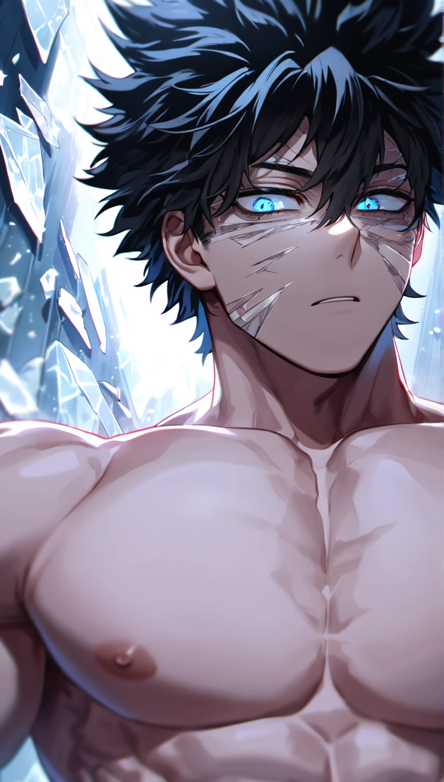 (masterpiece, best quality),Male children,nakeness,Short bright blue hair,A young boy with,younge boy,Kid's face,adolable,infancy,Young age,Short round face,Flat chin,children's,infancy,(Kid's face),Land of Crystals,ice field,Pink belly hair,Pink chest hair,Pink pubic hair,Young age,Flat chin,Fine face in detail,Clean skin,White men's briefs,musculous,Bandages with extensive bloodstains on the body,There was blood on the body,Battle damage,Short bright blue hair,Bright Hair,White eyes,Keep your eyes wide open,nakeness,Very narrow low-rise white briefs,White briefs,Pectoralis abdominal muscles,Broad body,Strong and well-developed muscles,Shimmering like a diamond, it shines like a crystal,Bright and vivid colors,(depth of fields:1.2),Positive audience,looking at viewert,the night,Holy,Light-sensitive,byself,Close-up Shot Shot,Upper body portrait,upperbody closeup